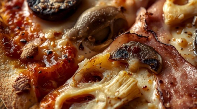 Primer plano de pizza cuatro estaciones con champiñones, alcachofa, jamón y aceitunas