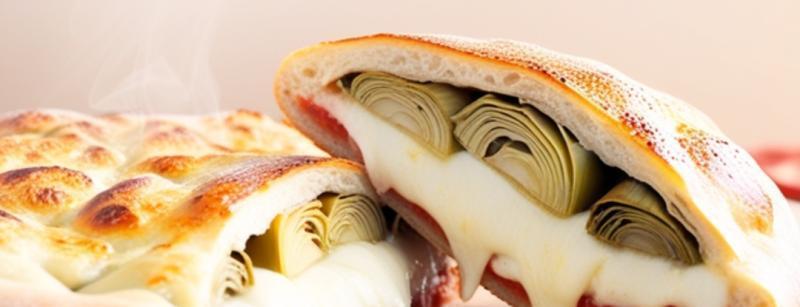 Primer plano de calzone con alcachofas y queso fundido