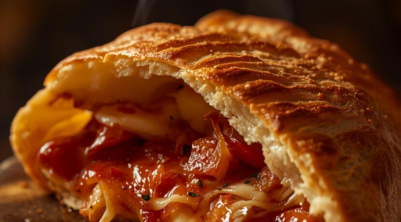 Primer plano de calzone Rossini abierto con queso fundido y tomate