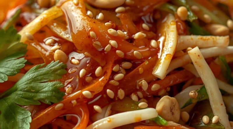 Primer plano de ensalada china con verduras, salsa de cacahuete y sésamo