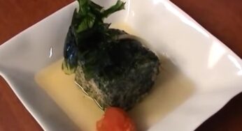 Chuleta de atún rojo con jugo de tomate seco y con planta de cebolleta