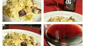 Revuelto de ajetes, trigueros, gambas y setas maridado con tinto roble Ribera del Duero