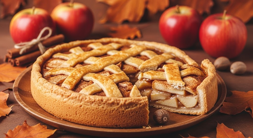 Pastel de manzana con corteza entrelazada rodeado de hojas de otoño y manzanas