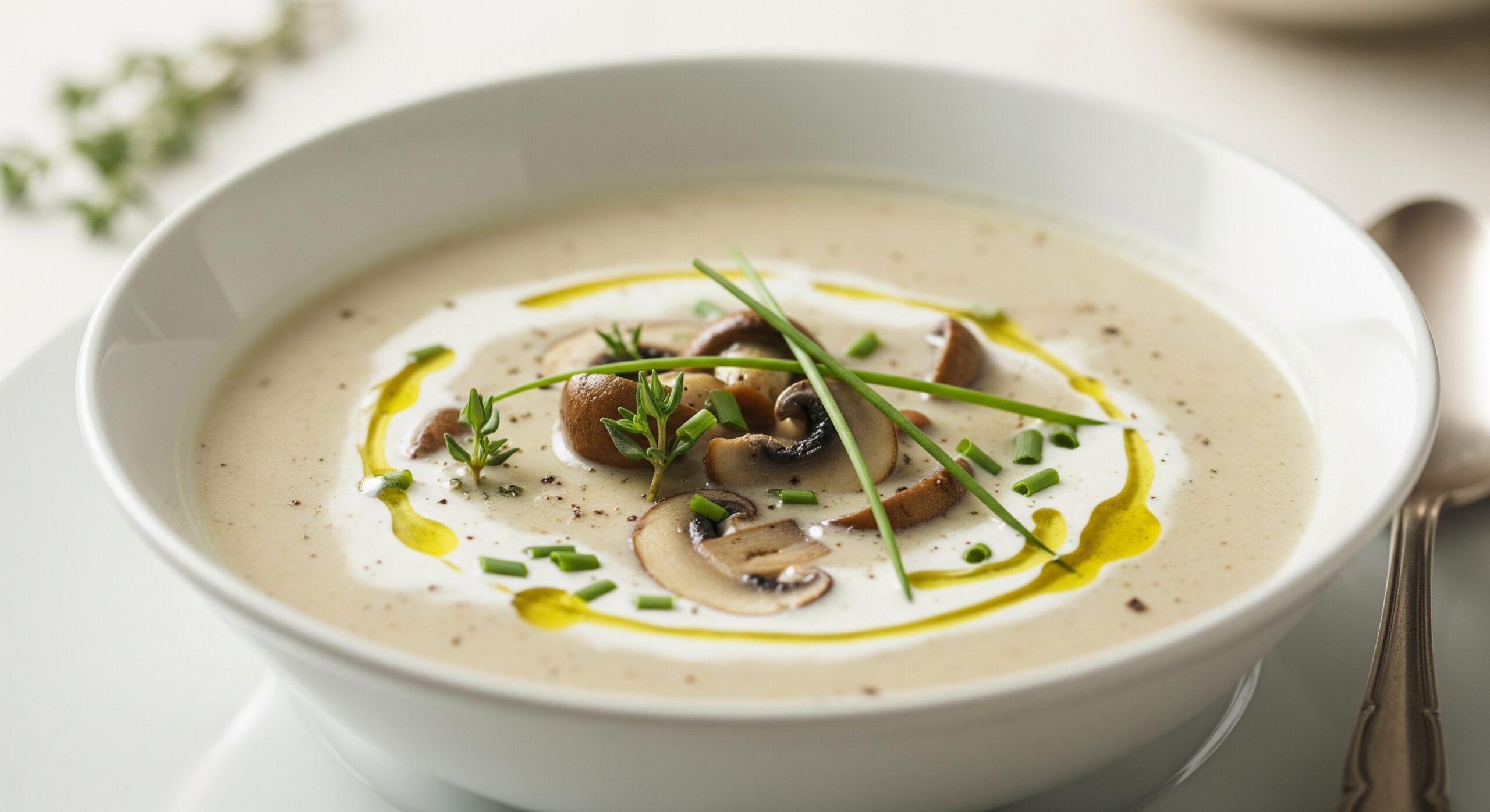 Plato de sopa de crema de champiñones con rodajas de champiñón y hierbas