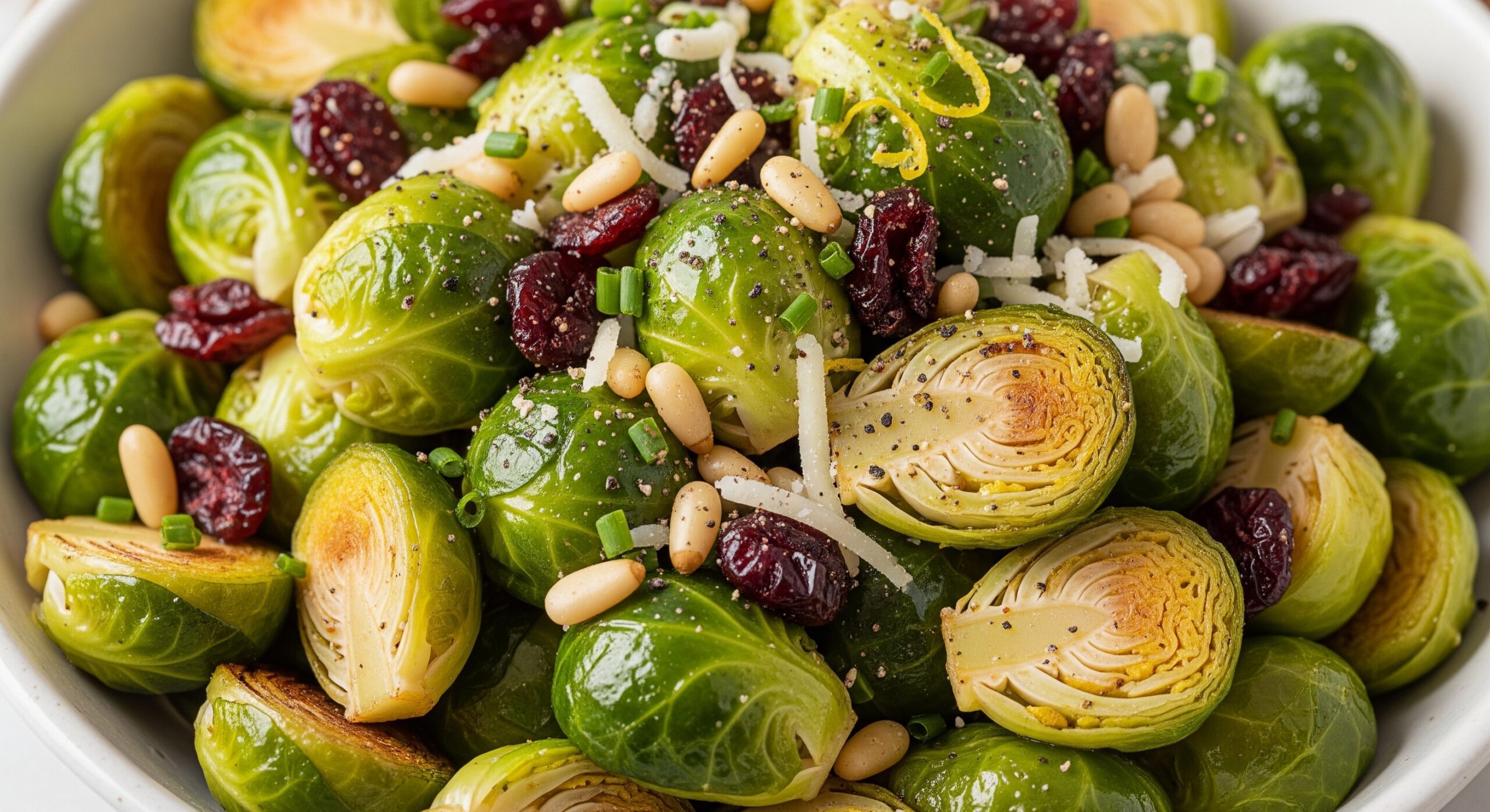 Ensalada de coles de Bruselas con arándanos y piñones en un plato blanco